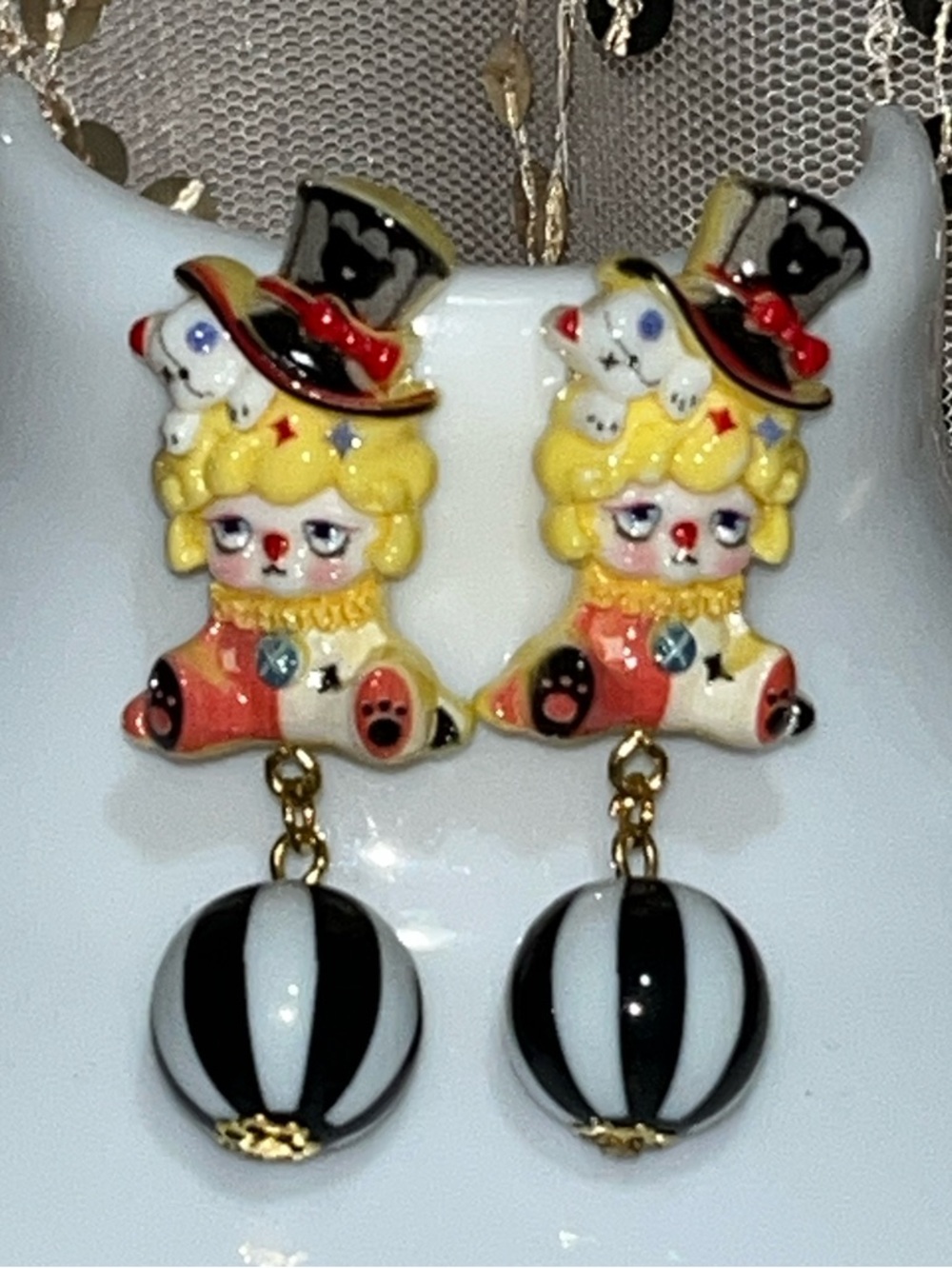 Whimsical Emo Goth Clown Drop Earrings in Yellow, Black & White NEW!